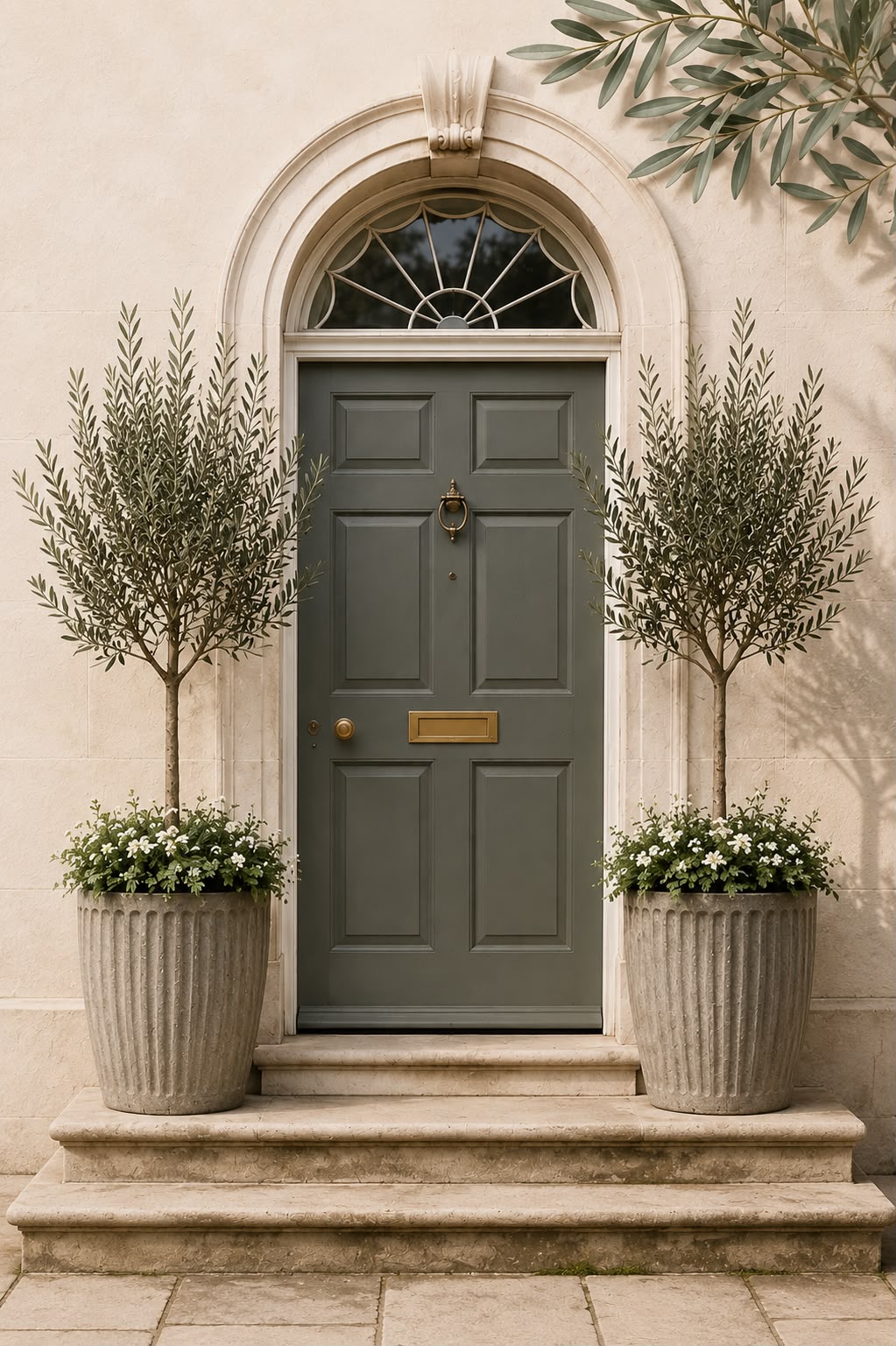 Symmetrical front door styling with olive trees in ribbed planters